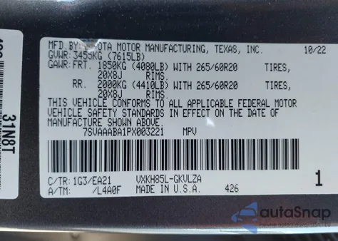 2023 Toyota Sequoia Sr5/Ltd/Platinum/Capstone/Trd Pro z USA, uszkodzony, nr VIN 7SVAAABA1PX003221